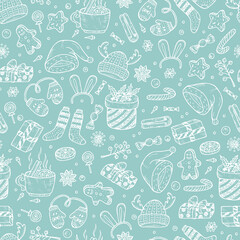 Christmas background. Vector Xmas Seamless pattern. Hand Drawn Doodle Christmas festive knitted clothes, gift boxes, sweets, gingerbread cookies, mulled wine, spice. Holiday wallpaper