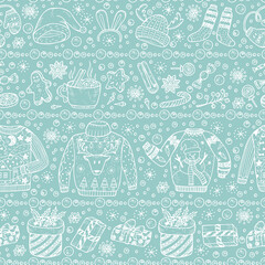 Holiday background. Ugly Christmas Sweater Party. Vector Xmas Seamless pattern. Hand Drawn Doodle Christmas clothes, gifts boxes, sweets, gingerbread cookies, mulled wine, spice, snowball