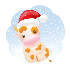 Cute cow in Santa hat, awesome little bull sitting. 2021 Chinese symbol. Soft pastel colours. Cartoon sweet style. 