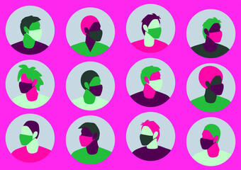 Abstract characters in circles wearing face masks on a bright pink background