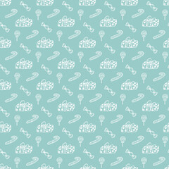 New Year and Christmas seamless pattern. Christmas festive presents. Hand Drawn Doodle Gift boxes and Sweets. Vector Xmas background. Holiday wallpaper
