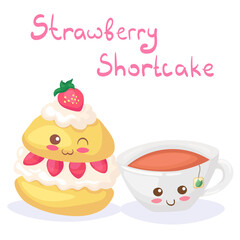 Kawaii vector illustration of Strawberry Shortcake & Tea isolated on white background. Cute funny & happy characters with lettering. Cartoon style smiling food mascot for summer kids menu decoration.