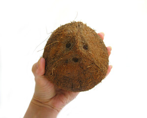 Coconut in a hand isolated on a white background.