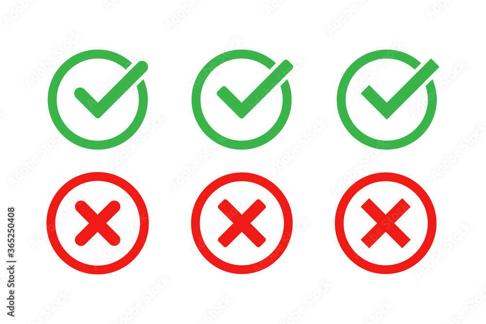 Poster green check mark and red cross icon set. vector isolated elements. tick approved symbol. stock vecto