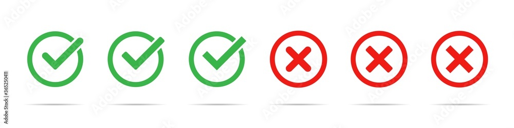 Poster green check mark and red cross icon set. vector isolated elements. tick approved symbol. stock vecto