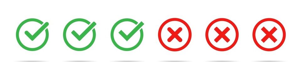 Obraz premium Green check mark and red cross icon set. Vector isolated elements. Tick approved symbol. Stock vector.