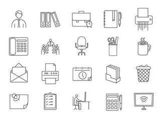 Large collection of line drawn black and white office icons with workers, furniture, accessories and business for design elements, vector illustration
