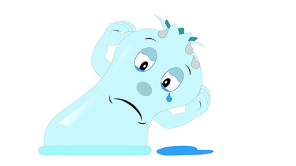 Sad torn condom is crying, cartoon design concept. Vector illustration