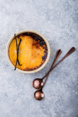Creme brulee - traditional french vanilla cream dessert with caramelised sugar on top. Leite creme