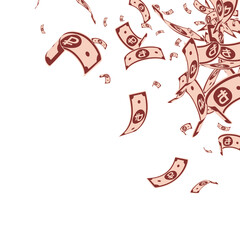 Russian ruble notes falling. Messy RUB bills on wh