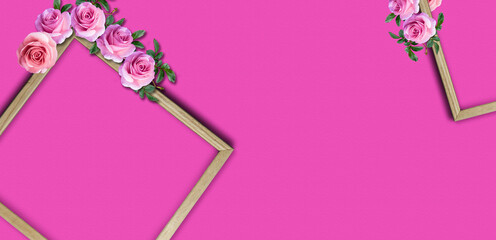 Blank mock up of photo frame with flowers on pink pastel background.