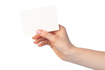 Woman's hand with blank white business card isolated on white