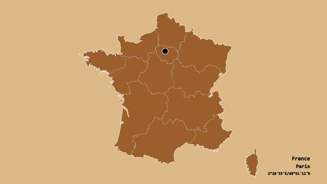 Provence-Alpes-C&ocirc;te d'Azur, region of France, with its capital, localized, outlined and zoomed with informative overlays on a solid patterned map in the Stereographic projection. Animation 3D
