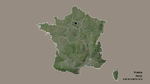 Provence-Alpes-C&ocirc;te d'Azur, region of France, with its capital, localized, outlined and zoomed with informative overlays on a satellite map in the Stereographic projection. Animation 3D