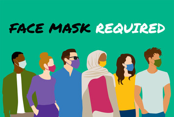 COVID 19 "Face Mask Required" Graphic for Sign - people wearing protective medical face masks during pandemic 