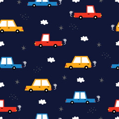 Seamless pattern Vintage cars with stars and clouds on a blue background Hand drawn design in cartoon style Vector illustration