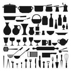 Kitchenware related set of a 57 object silhouettes