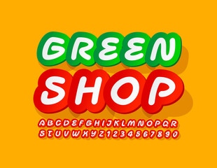 Vector creative banner Green Shop. Sticker style Font. Handwritten bright Alphabet Letters and Numbers