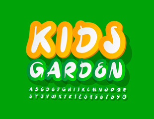 Vector artistic sign Kids Garden. Creative sticker Font. Handwritten Green Alphabet Letters and Numbers