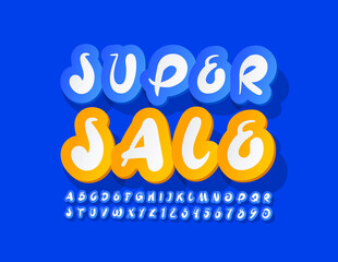 Vector creative banner Super Sale. Artistic Blue and White Font. Sticker Alphabet Letters and Numbers