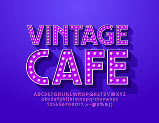Vector elegant logo Vintage Cafe. Violet Lamp Font. Retro Light Bulb Alphabet Letters and Numbers
