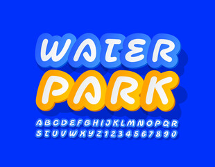 Naklejka na ściany i meble Vector creative logo Water Park. Blue Sticker Font. Handwritten Alphabet Letters and Numbers