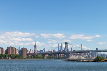 Manhattan Skyline along the East River with the Williamsburg Bridge in New York City