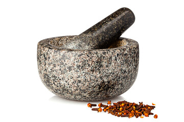 granite mortar ans spices isolated on white background