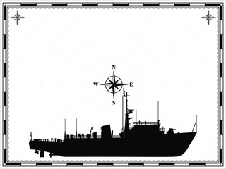 Civil ship on the background of the map. Wind rose. Vector illustration.