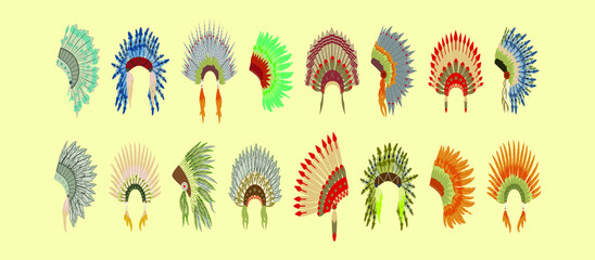 set of indian headdress feathers. isolated vector illustration on yellow background