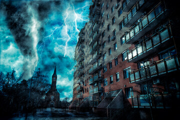 A tornado approaching to the residential building. Digital illustration - obrazy, fototapety, plakaty