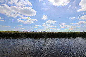 Beautiful view over Dutch water rural landscape during the summer with a beautiful blue sky and white clouds.