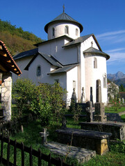 Church in Orthodox monastery Moraca, Montenegro mountains.