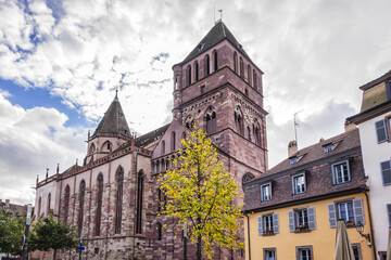 Rebuilt at end of 12C, Church of Saint-Thomas (Eglise Saint-Thomas) has five naves and became a Lutheran church in 1529, and then a Protestant cathedral. Alsace, France.