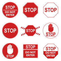 Stop sign, set of red prohibiting stop signs. Vector illustration.