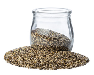 Jar with chia seeds isolated on white