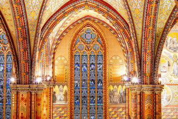Stained glass window of the Church of the Assumption of the Buda Castle, more commonly known as the...