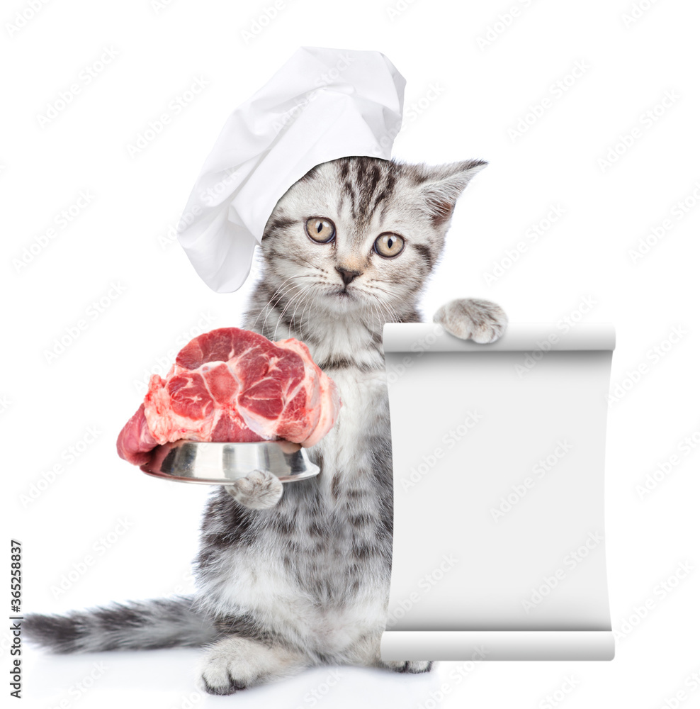 Poster kitten wearing chef's hat holds bowl of meat and empty list. isolated on white background