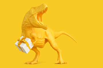 T-rex with Gift Box. 3D rendering © kirill_makarov