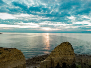 Sunset over the cliffs. A Drone shot.