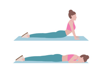 Woman doing cool down after exercises. for doing Abs Stretch which Building greater flexibility overall, Helping your body get back to its pre-exercise state. Illustration cartoon style