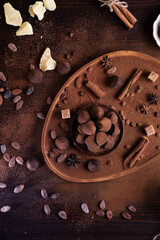 healthy delicious chocolate truffles around ingridients with natural cocoa beans,  powder, cacao butter, cane sugar. healthy sweets concept. flat lay