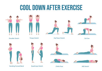 Woman doing cool down after exercise workout set. In order to stretch your muscles .This helps to reduce your risk of injury, such  pulling a muscle or tearing a ligament.  Illustration cartoon style.