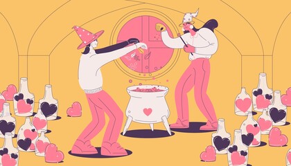 Wizard concept illustration. Girls boil a love potion in a cauldron, nearby are jars of likes or hearts drawn with outline.