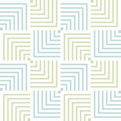 Abstract geometric vector seamless pattern. Blue and green pastel lines on white background. Crossing squares. Seamless pattern. Vector illustration. Simple design for fabric, wallpaper, textile