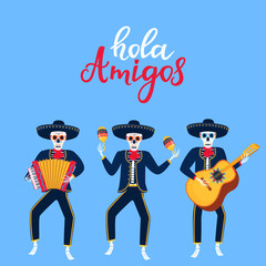 Hola Amigos hand drawn lettering. Cartoon dead mariachi play musical instruments. Sugar skull vector illustration. Independence Day of Mexico © LiluArt