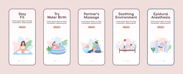 Alternative childbirth onboarding mobile app screen flat vector template