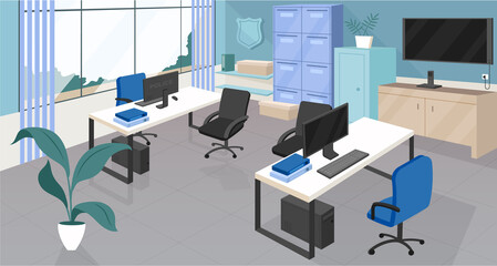 Police department office flat color vector illustration