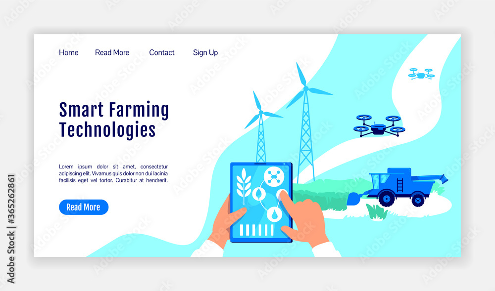 Poster smart farming technologies landing page flat color vector template