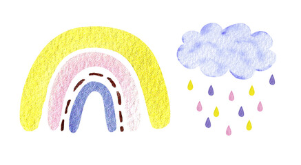 Watercolor illustration with neutral calm rainbow, cloud and raindrops isolated on white. Baby shower, nursery decor.